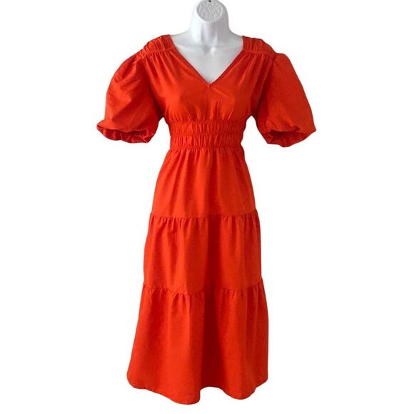 Stule House Women's Orange V-Neck Puff Sleeve Tiered Maxi Dress L - Picture 7 of 7